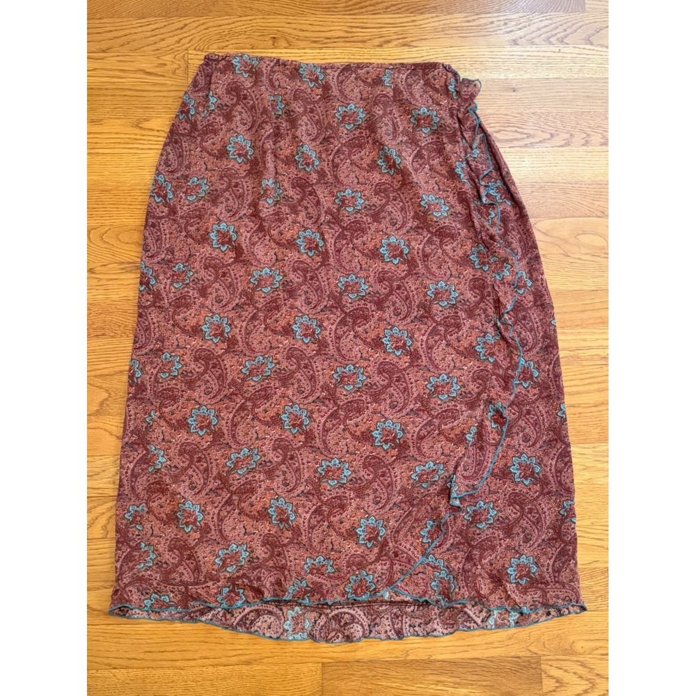 April Cornell Paisley Ruffle Faux Wrap Midi Skirt Red Blue Rayon Boho Large
